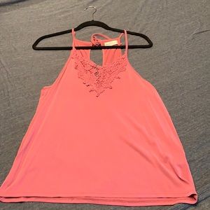 Pink lace covered v neck tank top